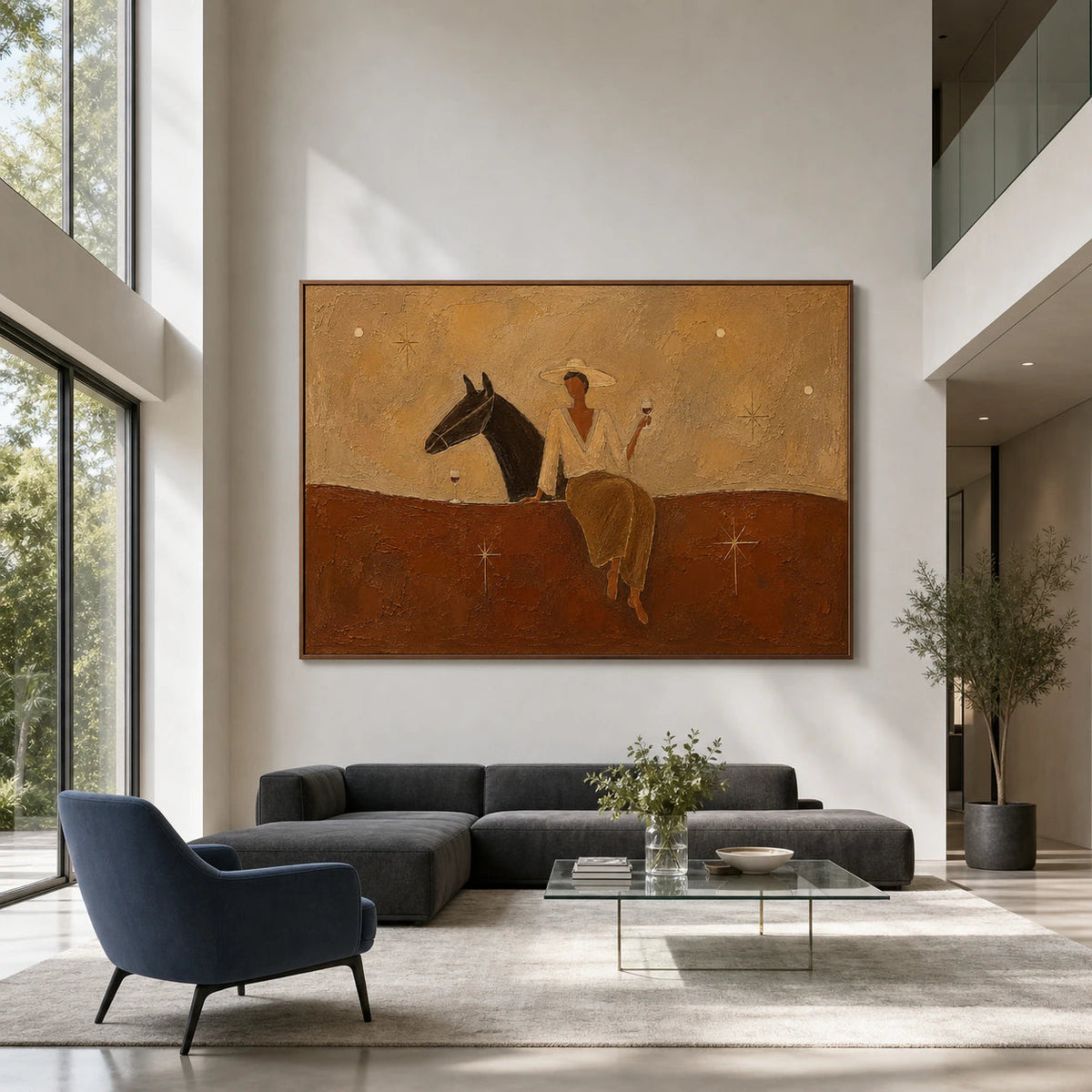 Earth-toned figurative artwork in a sunlit interior