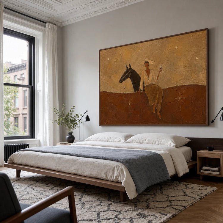 Earth-toned artwork styled above a bed